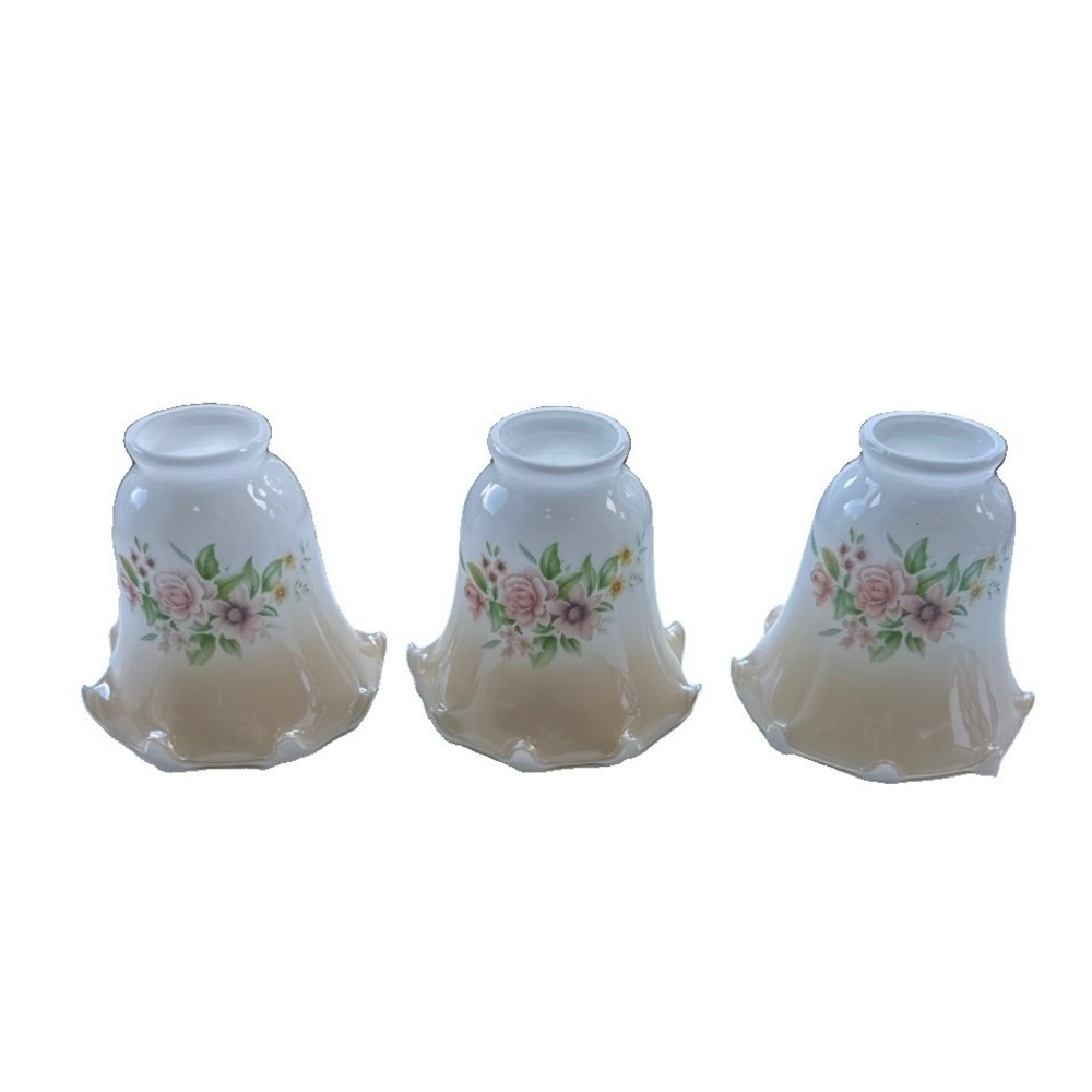 Set of 3 Frosted Glass Bell Lamp Shades White Pink Floral Traditional